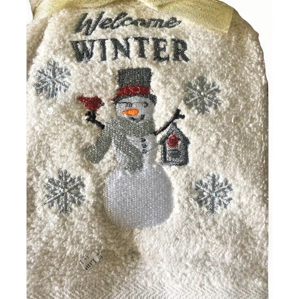 Christmas Welcome Winter Hand Towels Embroidered Snowman Rhinestone Set of 2